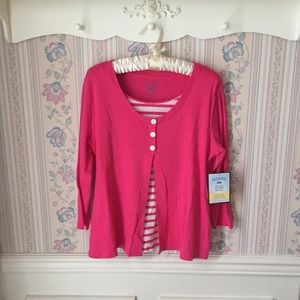 Bright pink long sleeve shirt over stripes NWT